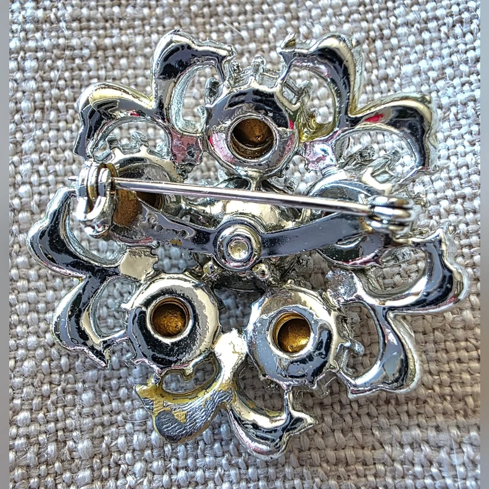 Vintage Coro Signed Brooch Silver Tone Floral Rhinestone